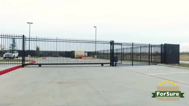 Black ornamental steel cantilever slide gate at a commercial entry