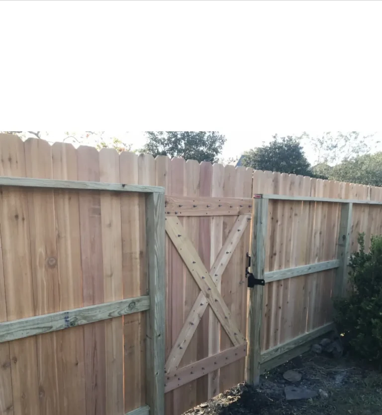 Wood privacy fence with a double gate